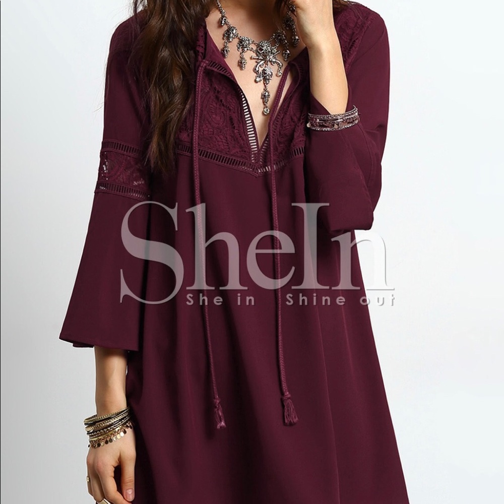 Burgundy Bell Sleeve Shift Dress